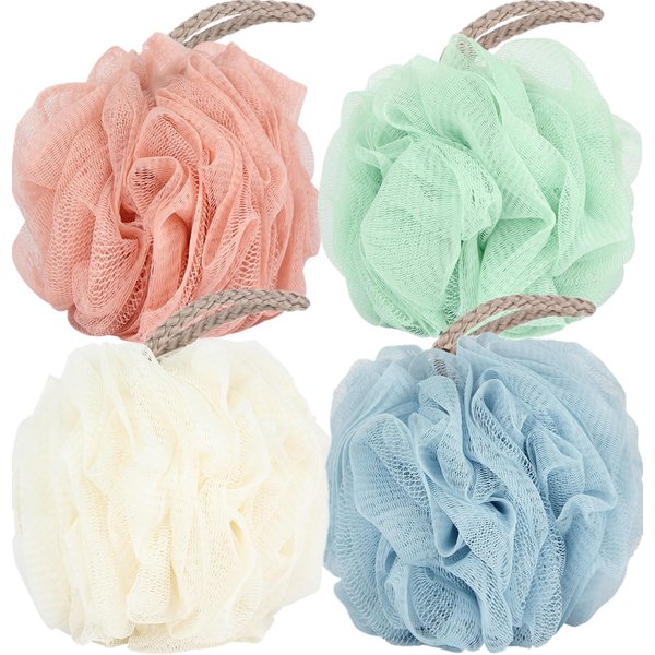 Fu Store Loofah Sponge Shower Loofahs 50g Bath Sponges Mesh Balls 4 Colors for Body Wash Back Scrubber Bathroom Men Women - 4 Pack Scrubber Cleaning Bathing Accessories