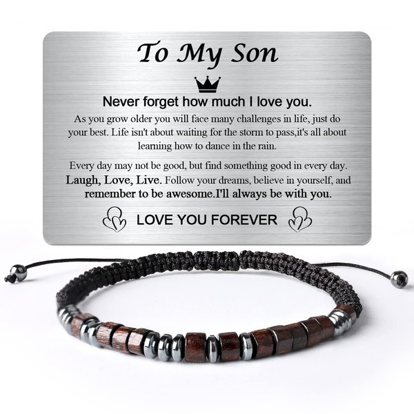 Temoto Easter Basket Stuffers to My Son Bracelet from Mom - Easter Gifts for Teens Birthday Gifts for Men with Engraved Wallet Card Morse Code Bracelets,Son Bracelet Gifts for Him