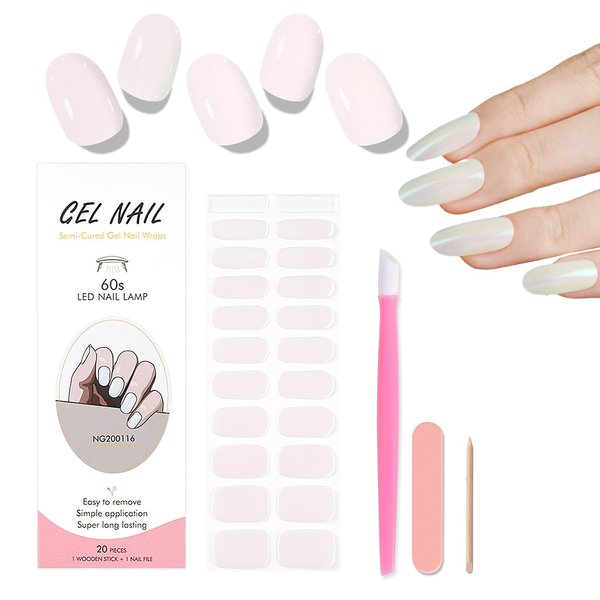 WOKOTO Semi Cured Gel Nail Strips, Pearlescent Blue Gel Wrap Polish Stickers Full Wraps for Women, Easy to Apply&Remove, with Nail File & Wood Stick (UV/Led Lamp Required)