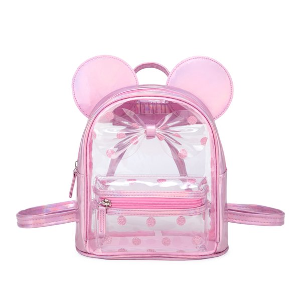 Sunwel Fashion Little Girls Mini Clear Backpack Cute Ears with Glitter Polka Dots Bow Transparent Daypack See-thru Backpack (Pink)