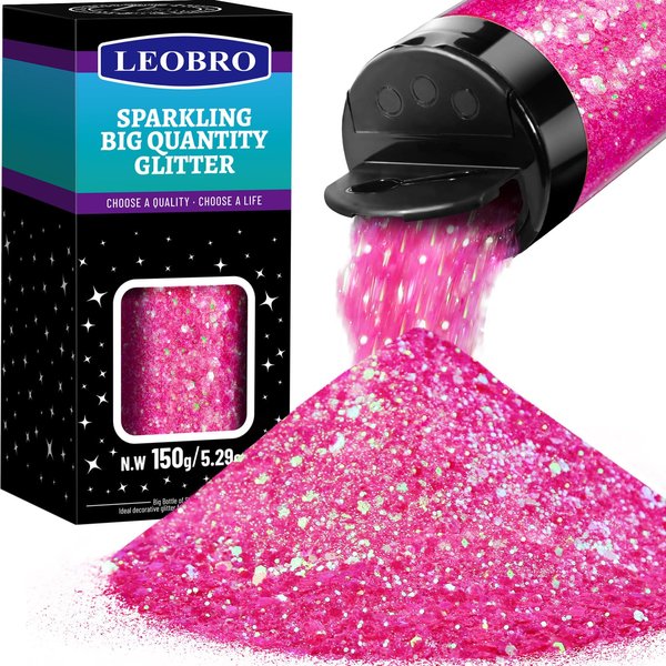 LEOBRO Pink Glitter, Glitter, 150g/5.29oz Hot Pink Chunky Glitter, Craft Glitter Body Glitter Face Glitter, Pink Sequins Chunky Glitter for Resin DIY Crafts, Pink Festival Christmas Glitter