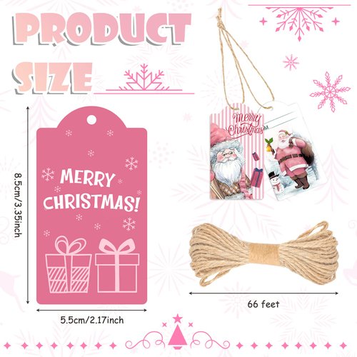 120 Pcs Pink Winter Paper Gift Tags with String for Holiday Party Wrapping Decor, 10 Styles