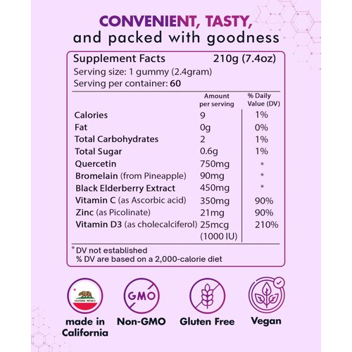 BIO VITALICA (2 Pack) Quercetin Gummies by BioVitalica - Quercetin with Bromelain Vitamin C and Zinc & Elderberry + Vitamin D3-5 in 1 Immune Support - Zinc Quercetin 750 mg for Kids and Adults