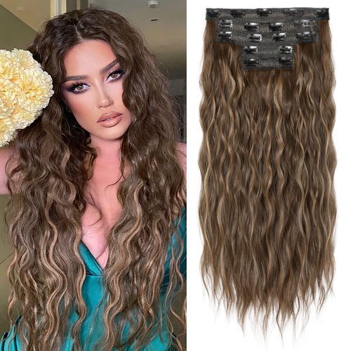 Clip in Hair Extensions, REECHO 5PCS Hair Extensions 24" Thick Long Loose Waves hair extensions HE002 Invisible Lace Weft Natural Soft Hairpieces for Women – Chocolate Brown with Blonde Highlights