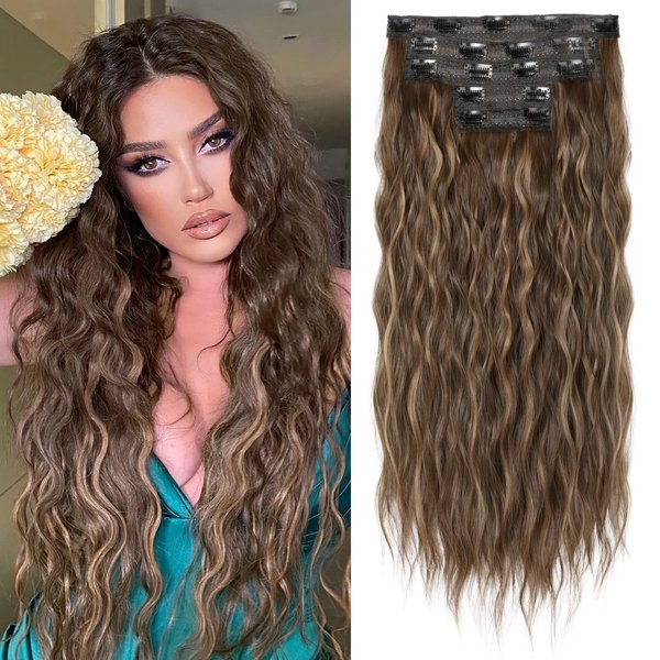 Clip in Hair Extensions, REECHO 5PCS Hair Extensions 24" Thick Long Loose Waves hair extensions HE002 Invisible Lace Weft Natural Soft Hairpieces for Women – Chocolate Brown with Blonde Highlights