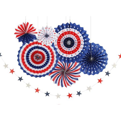 Risshine 4th/Fourth of July Patriotic Party Decorations Set- Red White/Silver Blue Star Streamers and 6Pcs Red White Blue Hanging Paper Fans for American Independence Day Party Decor Supplies