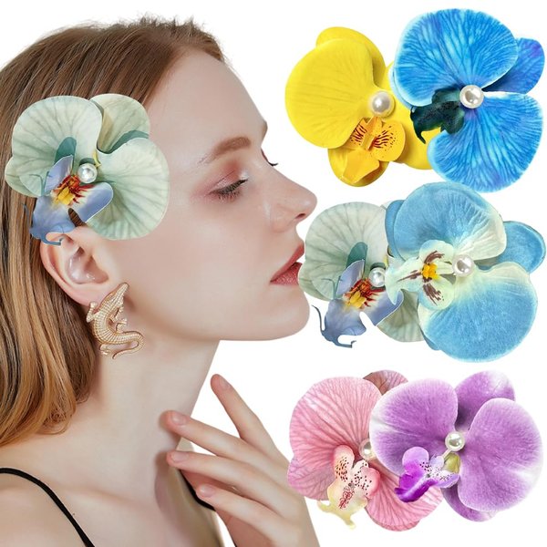 Orchid Flower Hair Clips, Bohemian Butterfly Orchid Hairpin Hair Barrettes, Hawaii Boho Hairclip for Women Girls Bridal Hair Accessories, Seaside Holiday Bobby Headwear (Yellow Blue Pink Combine)