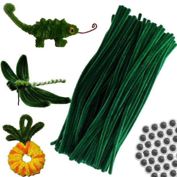 100Pcs Green Pipe Cleaners Chenille Stems for DIY Art & Crafts with Googly Eyes 100Pcs (12inch x 6mm)