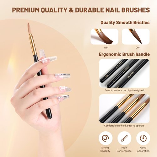 Aokitec 3pcs Acrylic Nail Brush Set - Size 10/12/14 Kolinsky Nail Brushes for Acrylic Application Nail Art Brushes for Acrylic Powder, Perfect for Nail Extension for Beginner & Professional