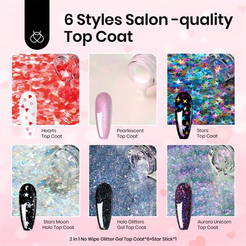 beetles Gel Polish 6Pcs Heart Star Reflective Glitter Gel Top Coat Set, Clear Pink Color Spring Pastel Gel Nail Polish No Wipe Top Coat Long Lasting Highly Shine Soak Off Uv Gel Art