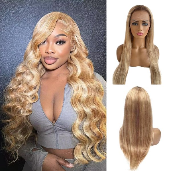 Upgrade - Straight HD Lace Front wigs for Black Women,12*4 Ombre Highlight Medium Brown Roots mixed Golden brown and blonde Lace wig 100% Remy Brazilian Virgin Hair,Pre Plucked Hairline with Baby Hair
