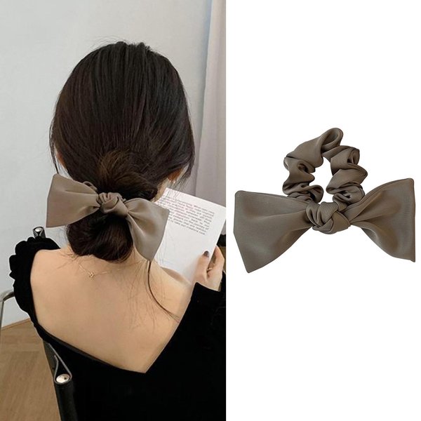Crymystal Silky Ribbon Bow Hair Ties Khaki Bow Elastic Band Bow Hair Rope Tie Satin Bow Ponytail Holder Beaded Hair Rope Long Ponytail Scrunchies Hair Accessories for Women and Girls (Khaki)
