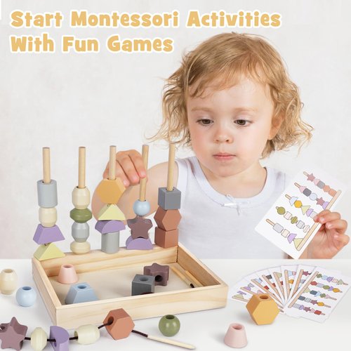 Montessori Toys for 2 3 4 Year Old - Wooden Lacing Beads & Stacking Blocks Toys for Ages 2-4 Year Old Girl Boy Christmas Birthday Gifts, Toddler Preschool Learning Toys Fine Motor Skills Games