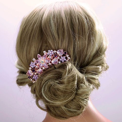 Aimimier Luxury Women Bride Hair Accessories Crystal Hair Combs Rhinestone Hair Pins Hair Clip for Bridesmaid Headpiece(Purple)