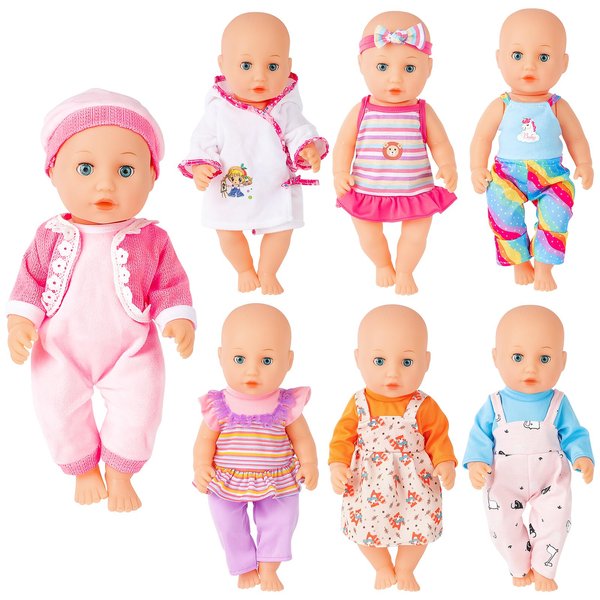 deAO Doll Clothes,7 Set Baby Doll Clothes for 14 Inch Dolls,Doll Clothes Outfits Dress with Hats Doll Accessories,Dress Up Fun(Doll Not Included)