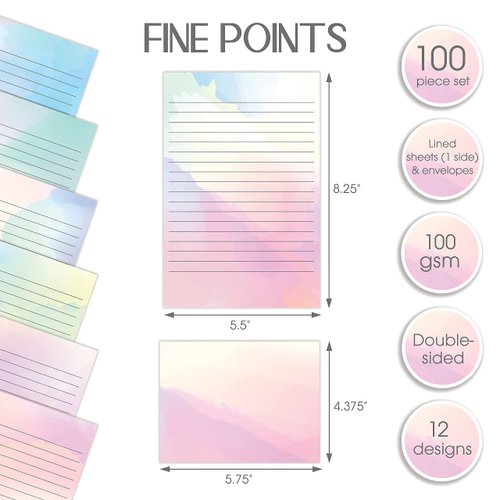 Better Office Products Mini Stationery Set, 100 Piece Set (50 Lined Watercolor Sheets + 50 Matching Envelopes), 5.5 x 8.25 inch, 12 Unique Designs, Double Sided Printing, One Side Lined Paper,