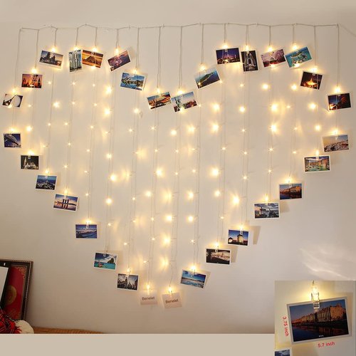 124 Lights Heart Shape Picture Clip String Lights,32 Clip Lights and 92 LED Lights, Sweet Ambience Decoration for Bedroom Livingroom Birthday/Wedding Photoes Show,Balloon Decoration,Warm White