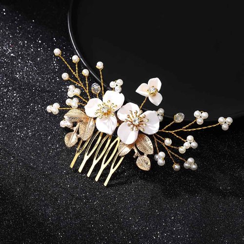 JONKY Flower Hair Comb Gold Leaf Headpieces Pearl Hair Pieces Bridal Hair Side Combs Wedding Hair Accessories for Bride and Bridesmaid