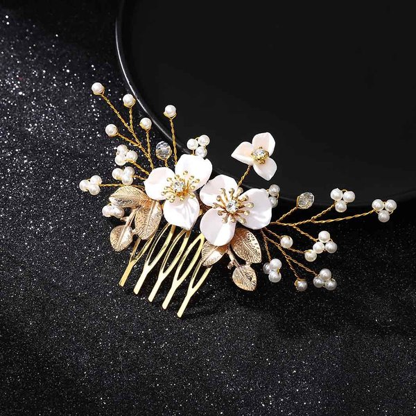JONKY Flower Hair Comb Gold Leaf Headpieces Pearl Hair Pieces Bridal Hair Side Combs Wedding Hair Accessories for Bride and Bridesmaid
