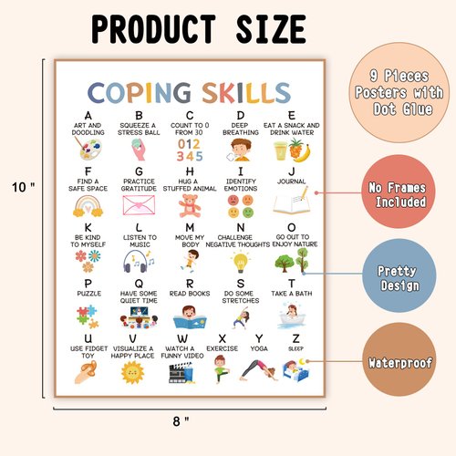 9 Calming Corner Posters Classroom, Calm Down Corner Feelings Chart for Kids, Mental Health Posters, Classroom Educational Poster Emotions Chart Coping Skills, Preschool Classroom Wall Art Decorations