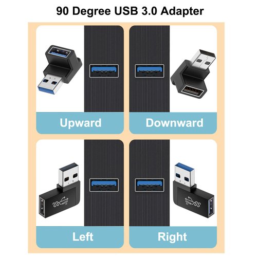 Jadebones 90 Degree USB 3.0 Adapter (4 Pack), Vertical Up and Down Angle, Horizontal Left and Right Angle USB Male to Female Extender Connector