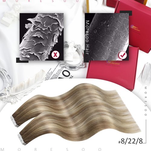 Moresoo Tape in Blonde Hair Extensions Real Human Hair Invisible Tape in Extensions Ombre Ash Brown to Blonde Mix with Light Blonde Balayage Hair Extensions Glue in Human Hair 12inch #8/22/8 20pcs 30g