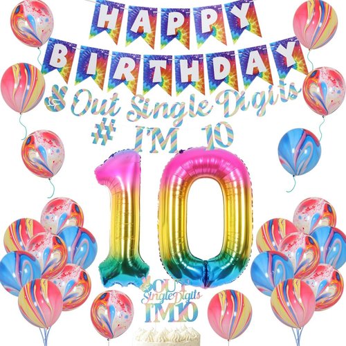JOYMEMO Tie Dye 10th Birthday Decorations for Girls, Rainbow Peace Out Single Digits Tie Dye Tenth Birthday Party Supplies, Paper Glitter Banner & Cake Topper Double Digits 10 Birthday Decor