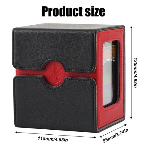 Premium PU Leather Card Deck Box with 2 Dividers 2 Dice, Card Deck Box Fits 120+ Sleeved Cards, Card Storage Box Stylish, Card Box Storage, Durable, and Versatile Card Storage Solution (Black＆Red)