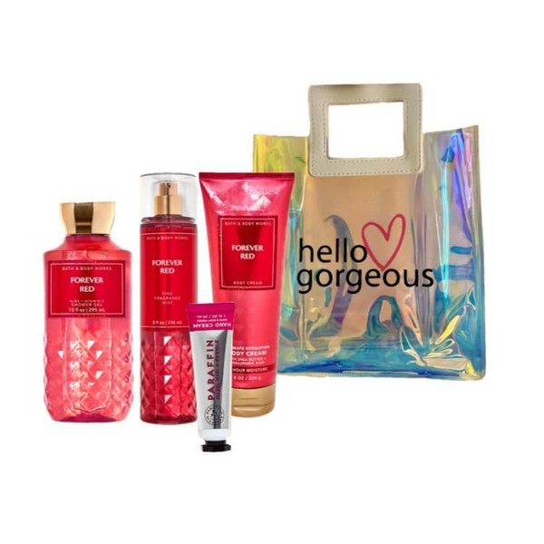 White Barn - Bath & Body Works -Deluxe Gift Set 4 Piece Bundle - Full Size and Gift Bag Hello Gorgeous (Forever Red)