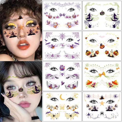 8 Sheets Halloween Face Tattoo Stickers, Cartoon Face Makeup Temporary Tattoos for Kids Party, Stage Performance