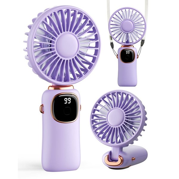 coldSky Portable Handheld Fan, 4000mAh Battery Operated 3 in 1 Multifunction Personal Travel Fan with Digital Display, 90° Foldable Desk Fan with Base, 5 Speed Lash Fan for Makeup/Commute/Office