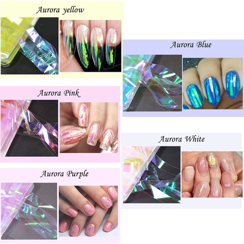 CHANGAR Ice Cube Aurora Glass Paper Nail Art Sticker, Colorful Laser Aurora Cellophane Gradient Candy Paper Strip Nail Sticker, Reflective Mirror Design DIY Nail Art Decoration (5 Boxes)