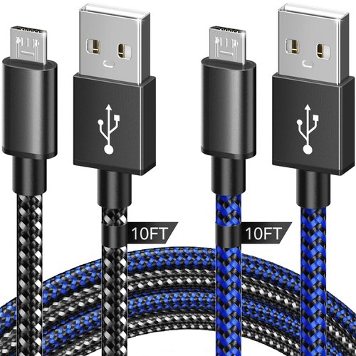 6amLifestyle PS4 Controller Charger Charging Cable, 2 Pack 10ft Extra Long Micro USB 2.0 Cable, Nylon Braided Cord, for PS4, PS4 Slim/Pro, Xbox One S/X Controller, Android Phones, Black+Blue