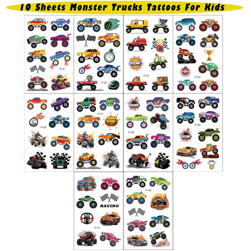 Truck Temporary Tattoos for Kids, 10 Sheets Metallic Styles Tattoos Truck Wheels Truck Checkered Flag Tattoo Stickers for Boys Birthday Party Favors Supplies Goodie Bag Fillers Gifts