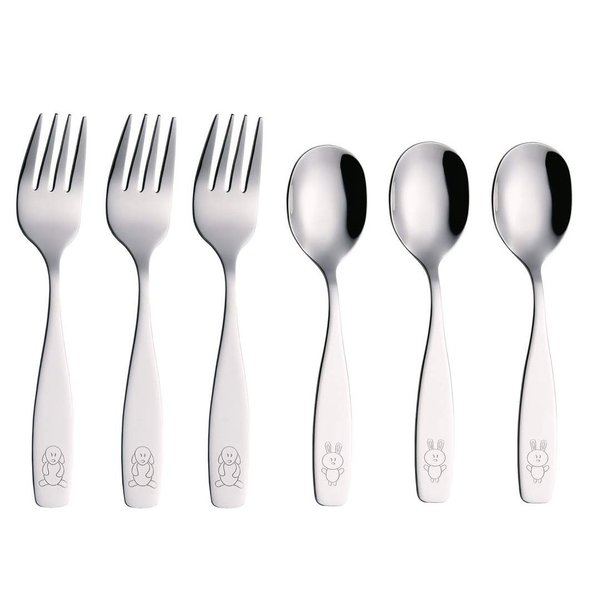 ANNOVA Kids Silverware 6 Pieces Children's Safe Flatware Set Stainless Steel - 3 x Forks, 3 x Children Dinner Spoons, Toddler Utensils, Metal Cutlery Set for LunchBox (Engraved Dog Bunny)