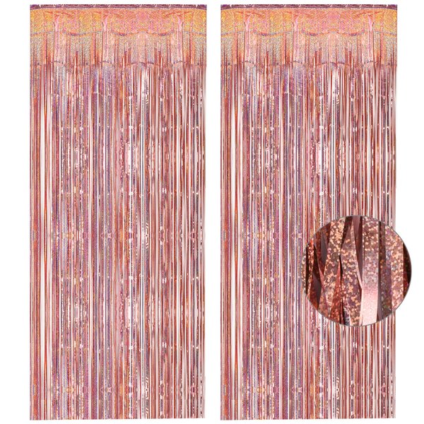 Rose Gold Tinsel Curtain Party Backdrop - GREATRIL Foil Fringe Curtain Streamers for Bachelorette Party Decorations Bride Be Party Streamers 2 Packs (Rose Gold)