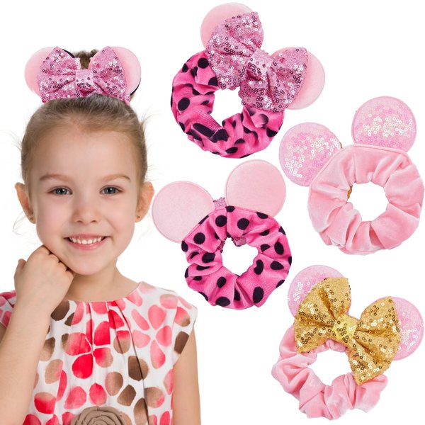 Akkya 2 Pack Mouse Ear Scrunchies with Bow for Women Girls Kids Adult Cute Kawaii Cartoon Mouse Hair Ties Bands Headband Bows Accessories for Park Trip Cruise Travel