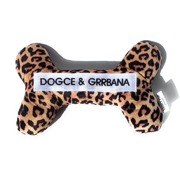 Vanity Fur Pet Shop 2-in-1 Interactive Plush Dog Toy, Stuffed Squeaky Enrichment Chew Toys, Fashion Designer Parody Dog Toy, Squeaker and Rubber Bone Inside | Dogce & Grrbana