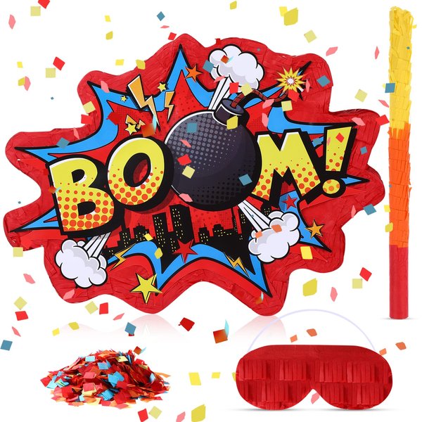 Red Boom Party Pinata Comic Book Hero Bundle Birthday Decor Pinata Action Hero Prop Party Pinata Decorations for Hero Themed Party Birthday Party Games Girls Boys Teens