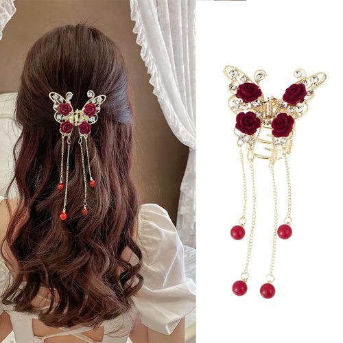 Red Rose Butterfly Gold Hair Claw Clips Metal Shark Clip Exquisite Hairpin for Women Girls Rose Tassels Hair Accessories for Thick Thin Hair Valentine's Day Gift 1 PCS