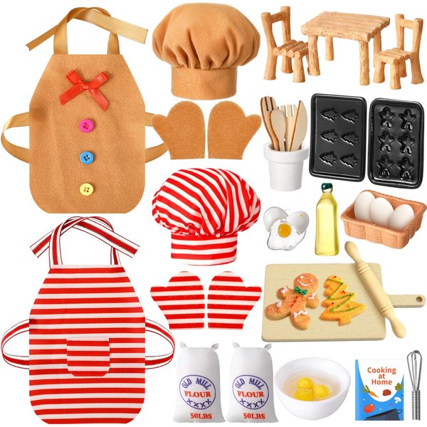 Kajaia 30 Pcs Christmas Elf Accessories Mini Elf Doll Baker Outfit Set Include Baking Apron and Hat Miniature Rolling Pin Flour Egg Bowl Cookie Tray Whisk, Doll is Not Included (Gingerbread Man)