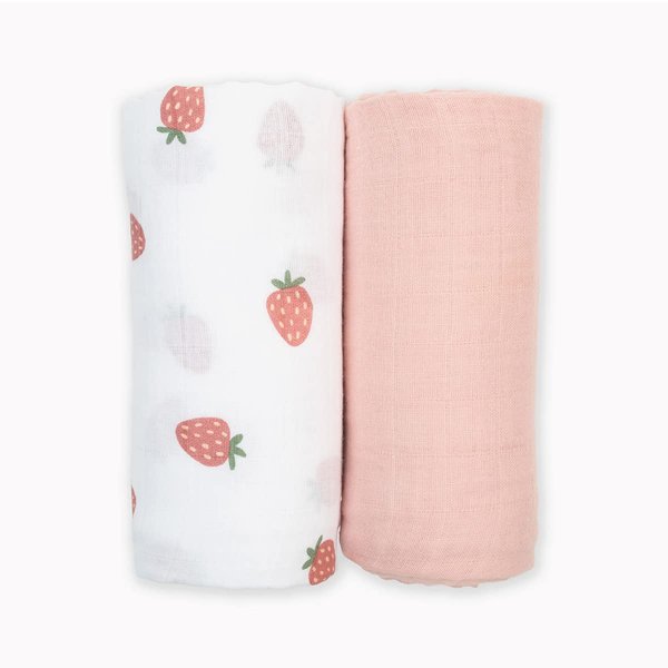 lulujo Boho Swaddle Set, Cotton Muslin Blankets, 2 Pack (Strawberries & Ballet Slipper)