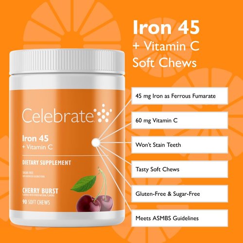 Celebrate Vitamins Bariatric Iron Soft Chew with Vitamin C, 45 mg Iron, Cherry Burst, Bariatric Vitamins for WLS Patients Including Sleeve Gastrectomy and Gastric Bypass Surgery, 90 Count