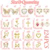 RODAKY 124PCS Gold Nail Charms 3D Butterfly Nail Gems Pink Crystal Heart Nail Art Jewelry Bow Charms for Acrylic Nails Glitter Cute Nail Decoration Metal Rose Cross Charms for Manicure Design
