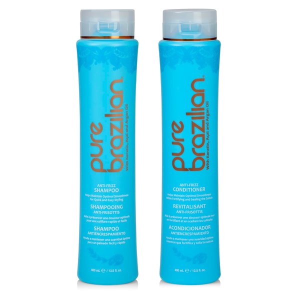 PURE BRAZILIAN Anti Frizz Daily Shampoo & Conditioner - Salt-Free & Color Safe Shampoo & Conditioner Enriched With Keratin, Argan Oil, and Acai (13.5 Ounce / 400 Milliliter)