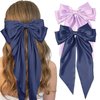Hair Bows for Women, 2 pcs Big Silky Satin Bow Hair Clips, Metal Clips Long Tail Accessories Hair Bows for Girls for Birthday Gift (Navy Bow & Lilac Bow)