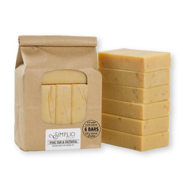 Simplici Pine Tar & Oatmeal Natural Soap (exfoliating + pure essential oils) 6 Bar Value Bag. Palm Free.
