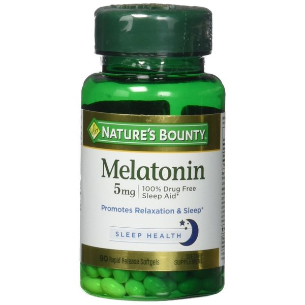 Melatonin by Nature's Bounty, 100% Drug Free Sleep Aid, Dietary Supplement, Promotes Relaxation and Sleep Health, 5mg, 90 Rapid Release Softgels