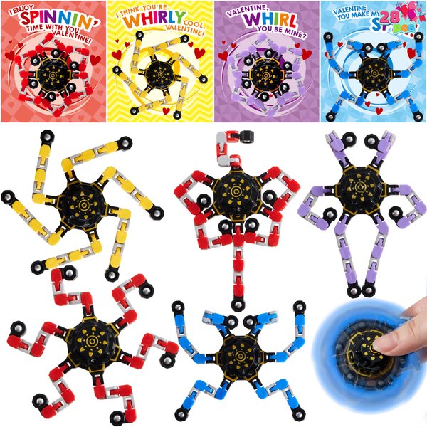 JOYIN 28 Packs Valentine’s Day 4-Design Gift Cards with Fidget Spinners, DIY Chain Robot Fingertip Toys, Deformable Stress Relief Toys for Kids Valentine’s Party Favor, School Exchange, Game Prizes