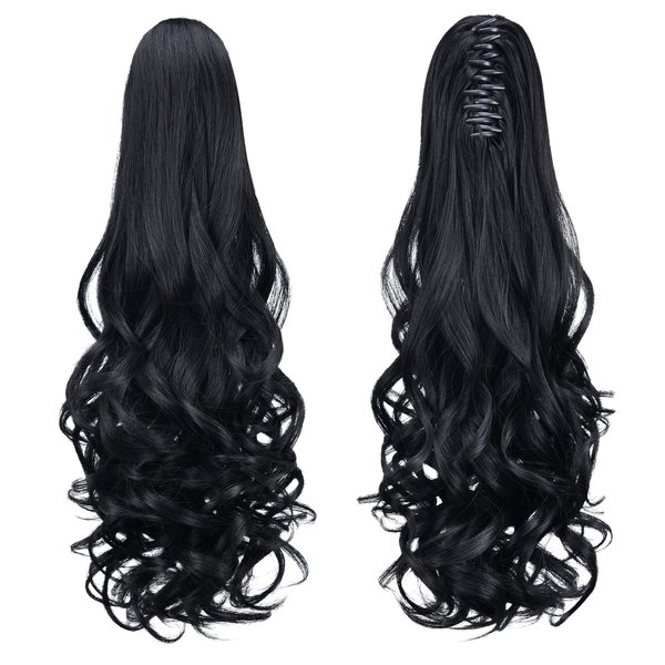 Tiklans Black Ponytail Extension,22" Clip in Ponytail for Women Long Ponytail Hair Extension Synthetic Heat Friendly Fiber for Girls